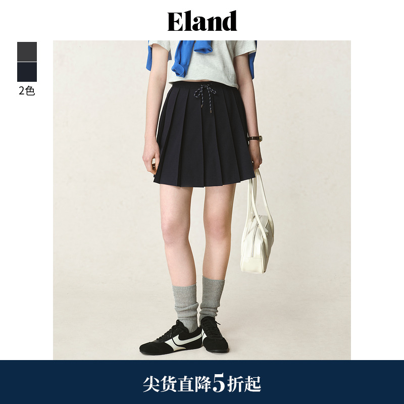 Eland衣恋半身裙女a字腰绳设计斜插口袋百褶通勤短裙2025夏季新款