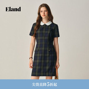 Eland衣恋连衣裙女格纹可拆卸领收腰小A字裙修身显瘦短款裙子夏季