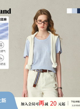 【法国亚麻】Eland衣恋T恤女学院风U领舒适条纹短袖上衣夏季款