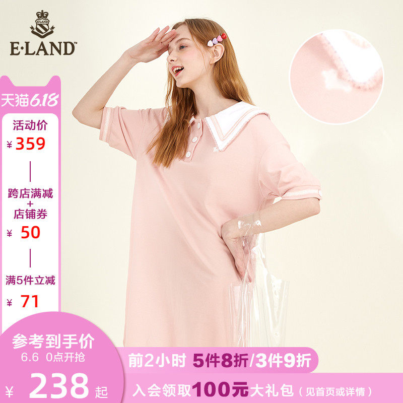 ELAND2020夏季新款娃娃领刺绣镶边连衣裙女EEOMA6411I