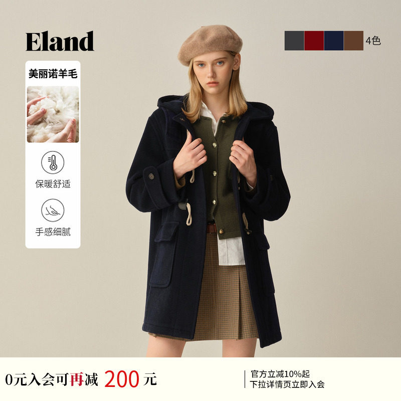 【经典长期主义】Eland衣恋毛呢外套女牛角扣羊毛大衣冬新款