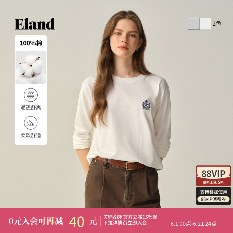 【100%棉】Eland衣恋T恤女圆领长袖纯色休闲上衣冬季新款