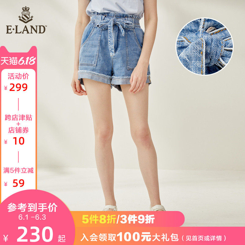 ELAND2020夏季新款高腰蝴蝶结系带宽松水洗牛仔短裤EETJA65Q1I
