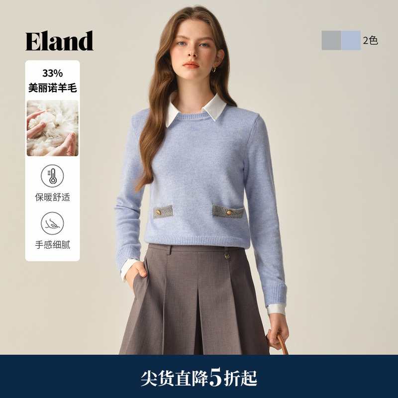 ELAND毛衣撞色翻领套头针织衫