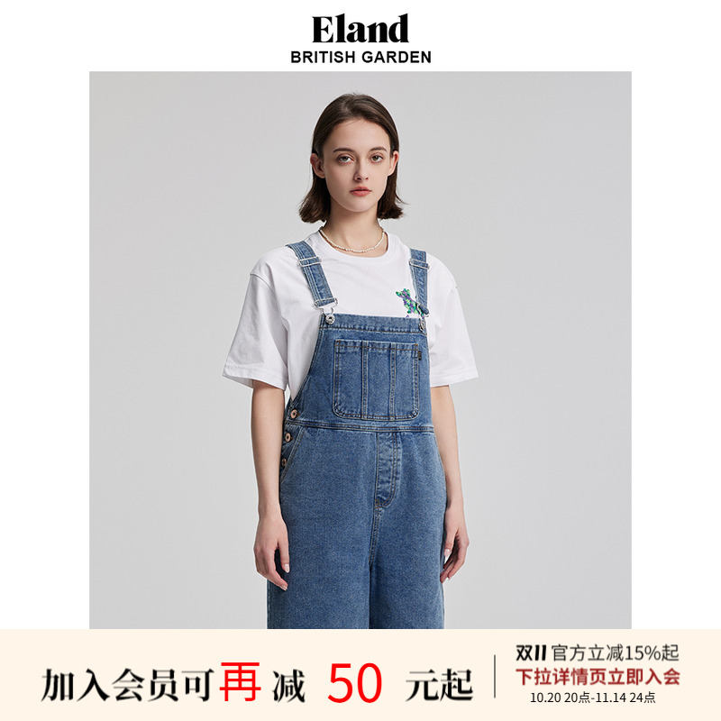 Eland衣恋背带裤牛仔裤短裤大口袋宽松休闲风女裤夏季