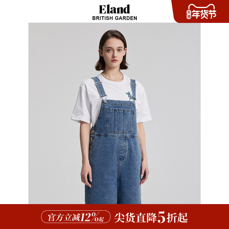 Eland衣恋背带裤牛仔裤短裤大口袋宽松休闲风女裤夏季