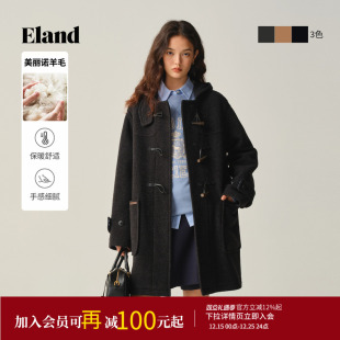 新款 Eland衣恋毛呢外套女牛角扣廓形大衣2025冬季 美丽诺羊毛