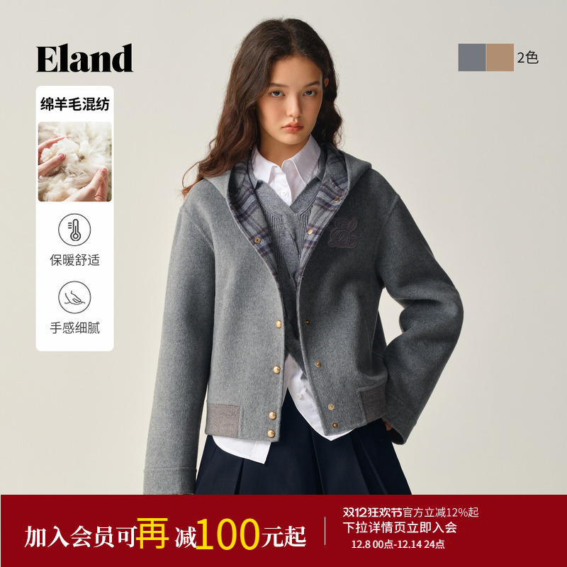 ELAND毛呢外套短款连帽上衣
