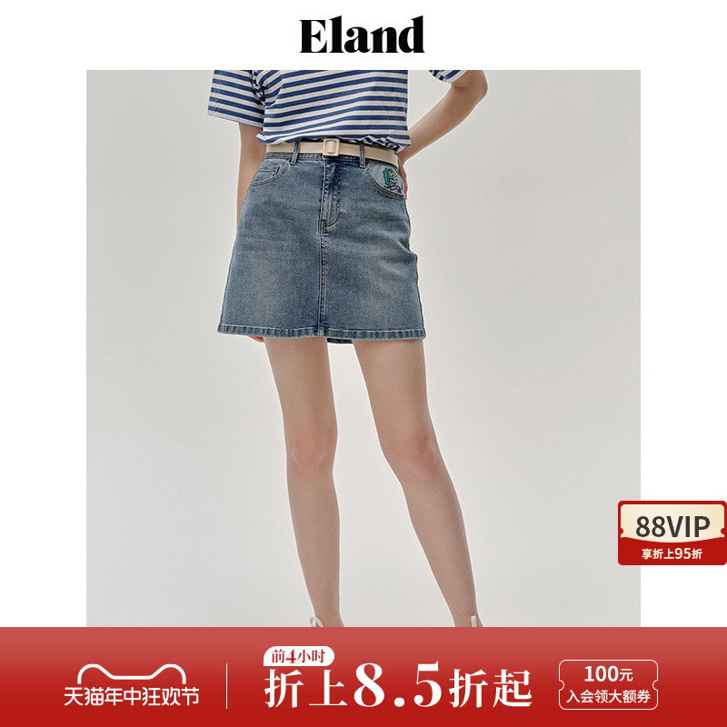 Eland衣恋牛仔裙A字裙基础款原创绣花显瘦短裙甜酷风夏