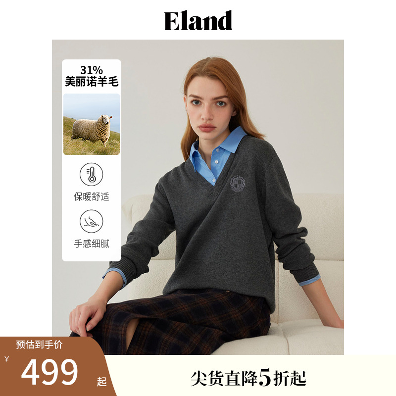 ELAND学院风拼接衬衫领保暖毛衣