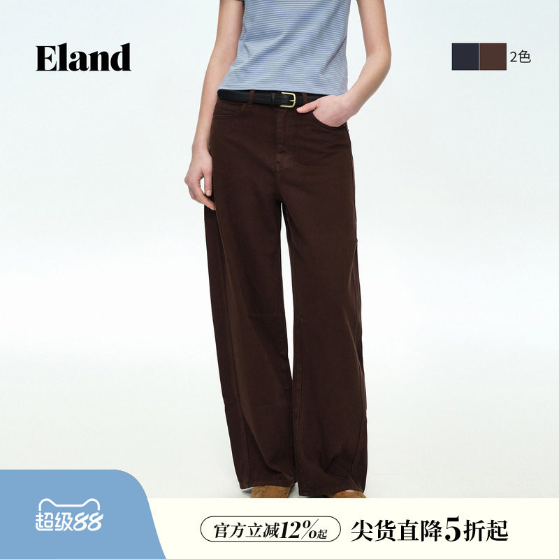 【100%棉】Eland衣恋牛仔裤女复古宽松版型阔腿弯刀裤2026春新款