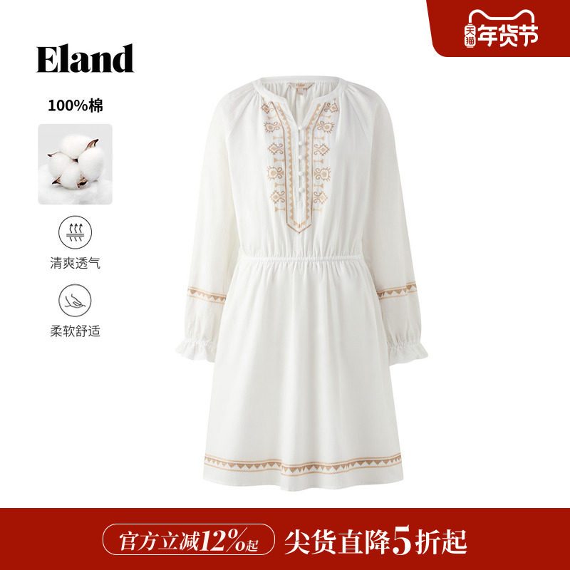 【100%棉】Eland衣恋连衣裙女气质刺绣长袖度假裙子2025秋冬新款