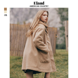 Eland衣恋外套女美拉德宽松仿茸翻领牛角扣毛呢大衣