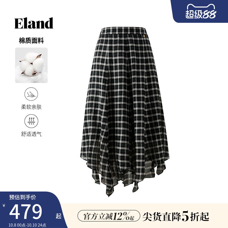 【99%棉】Eland衣恋半身裙女千禧风不对称格纹裙子2025夏季新款