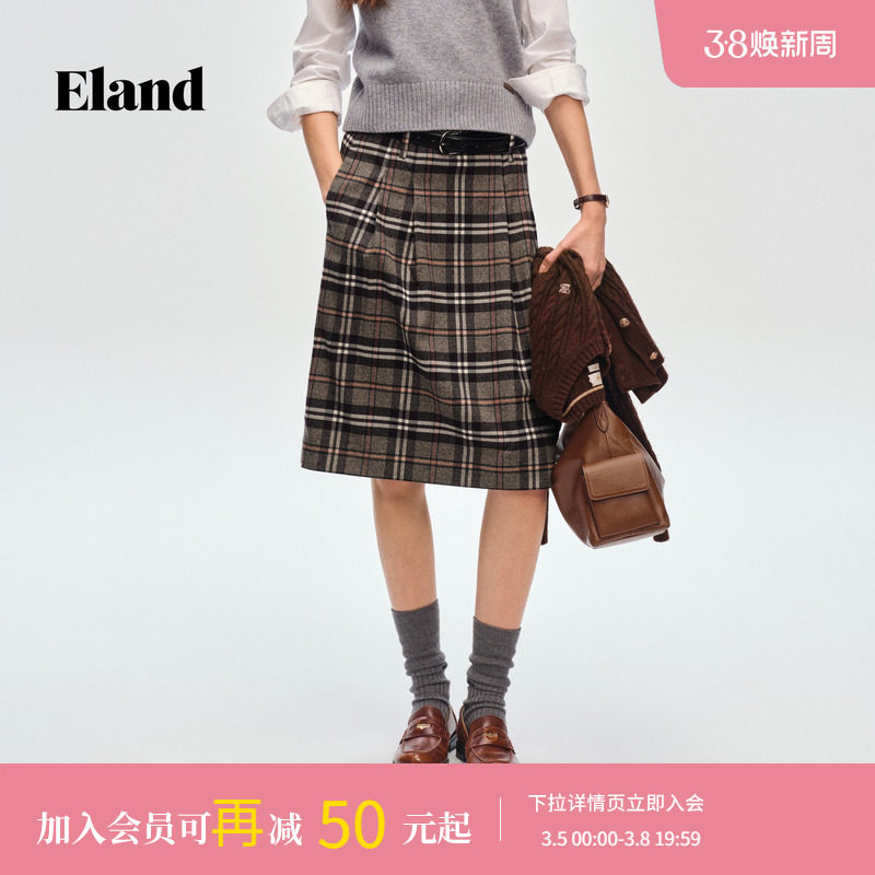 Eland衣恋半身裙女时尚收腰显瘦格纹裙A字裙2025冬季新款