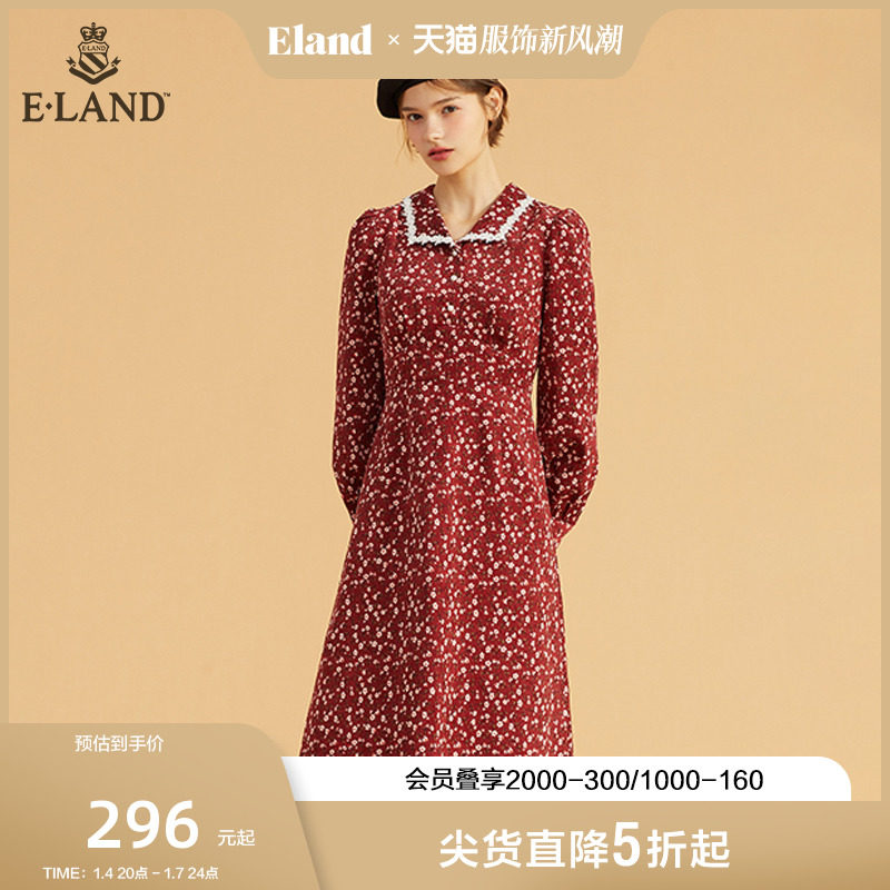 Eland衣恋新款法式复古小香风甜美碎花珍珠扣连衣裙女