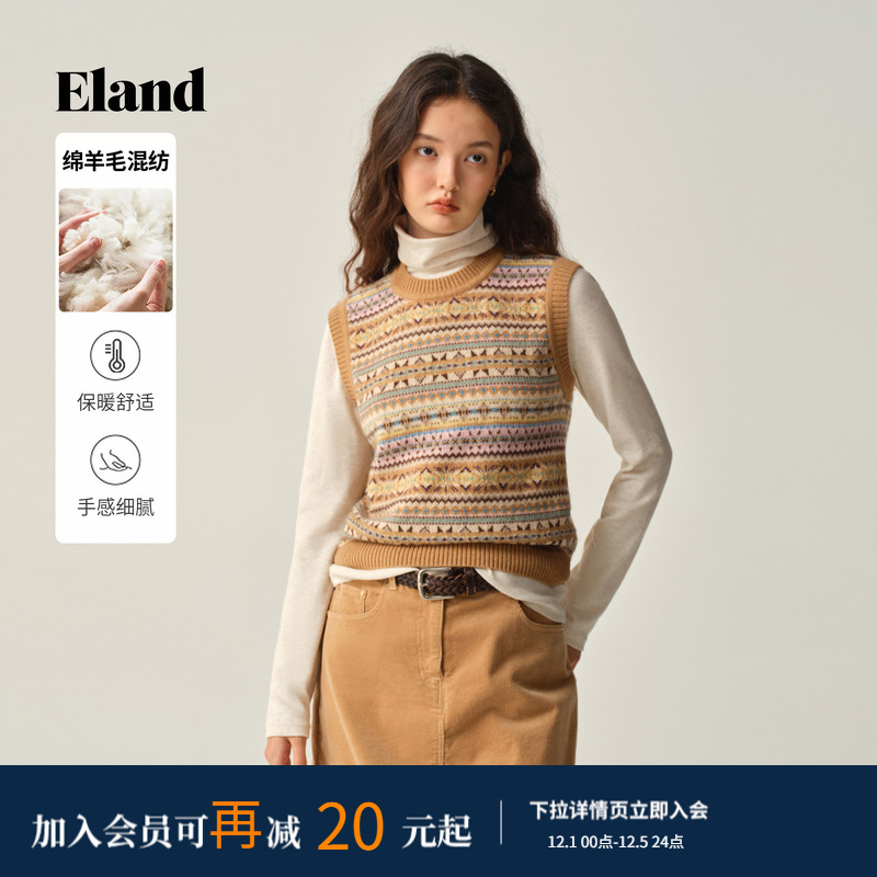 ELAND马夹无袖圆领撞色提花