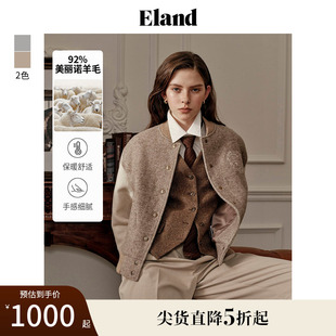92%绵羊毛 Eland衣恋毛呢外套女人字纹运动风棒球夹克冬款