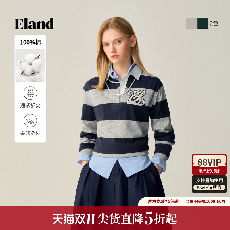 ELAND宽松条纹polo长袖T恤