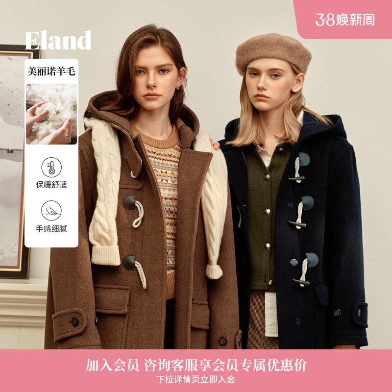 【经典长期主义】Eland衣恋毛呢外套女牛角扣羊毛大衣2025冬新款