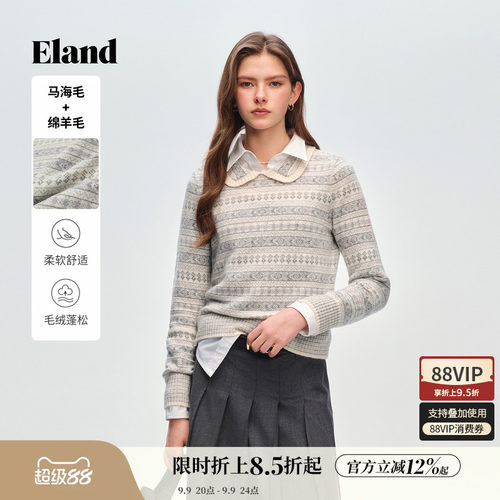 ELAND提花长袖翻领针织衫女