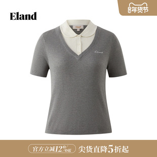 Eland衣恋毛衣女假两件短袖翻领短款针织毛衣2026春夏新款