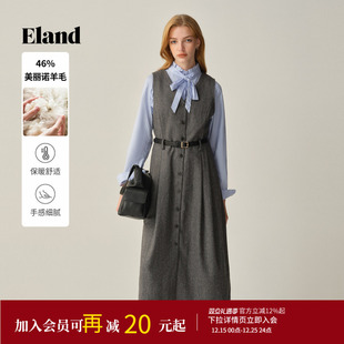 收腰长裙2025冬季 Eland衣恋连衣裙女气质V领无袖 新款 绵羊毛