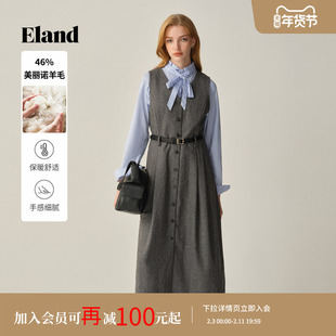 【绵羊毛】Eland衣恋连衣裙女气质V领无袖收腰长裙2025冬季新款