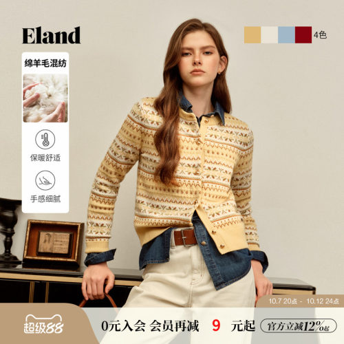 ELAND毛针织衫圆领撞色开衫