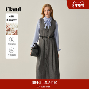 【绵羊毛】Eland衣恋连衣裙女气质V领无袖收腰长裙2025冬季新款