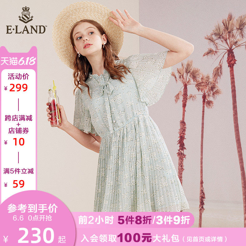ELAND夏季新款法式蝴蝶结系带甜美碎花收腰连衣裙EEOW924W8M