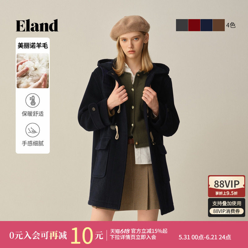 【经典长期主义】Eland衣恋毛呢外套女牛角扣羊毛大衣冬新款