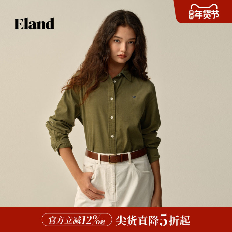 【100%棉】Eland衣恋衬衫男女款通勤翻领纯色上衣2025冬
