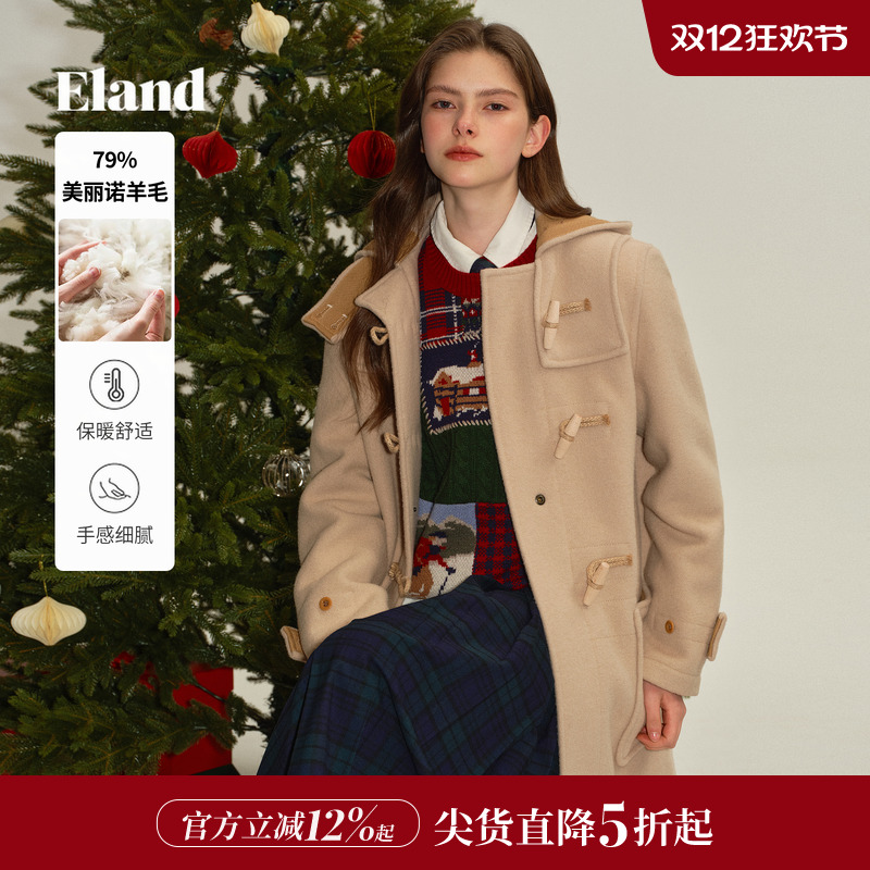 ELAND毛呢外套双排扣连帽