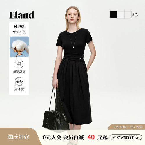 ELAND圆领短袖叠褶连衣裙