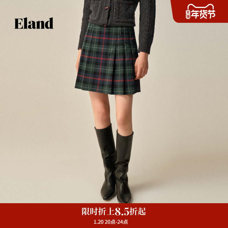 Eland衣恋半身裙女学院风百褶裙拼色小A短裙2025冬季新款,女装/女士精品,半身裙,淘宝优惠券,粉丝福利购,淘宝优惠卷