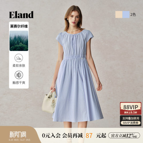 ELAND格纹短袖度假风连衣裙