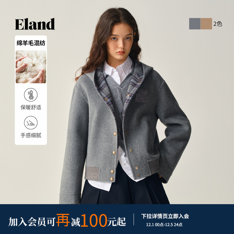 ELAND毛呢外套短款连帽上衣