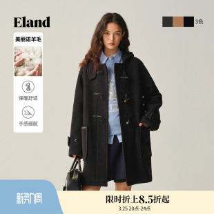 新款 Eland衣恋毛呢外套女牛角扣廓形大衣冬季 美丽诺羊毛