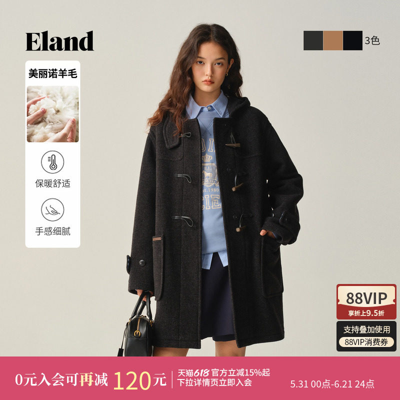 【美丽诺羊毛】Eland衣恋毛呢外套女牛角扣廓形大衣冬季新款