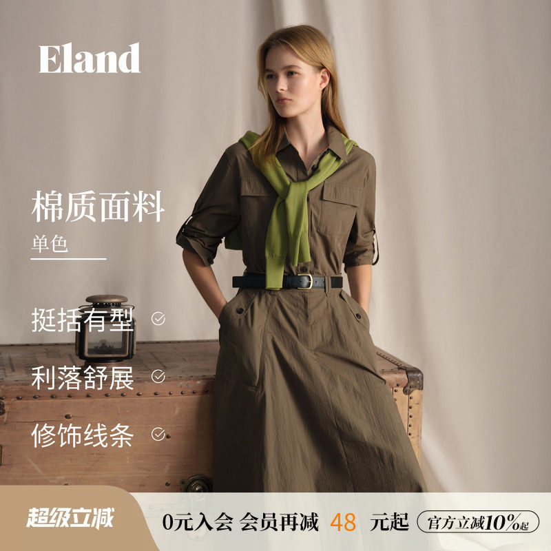 ELAND衬衫式收腰工装风连衣裙图片