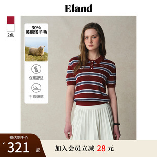 2025夏季 短袖 勃艮第红 新款 Eland衣恋针织T恤女polo领H型修身