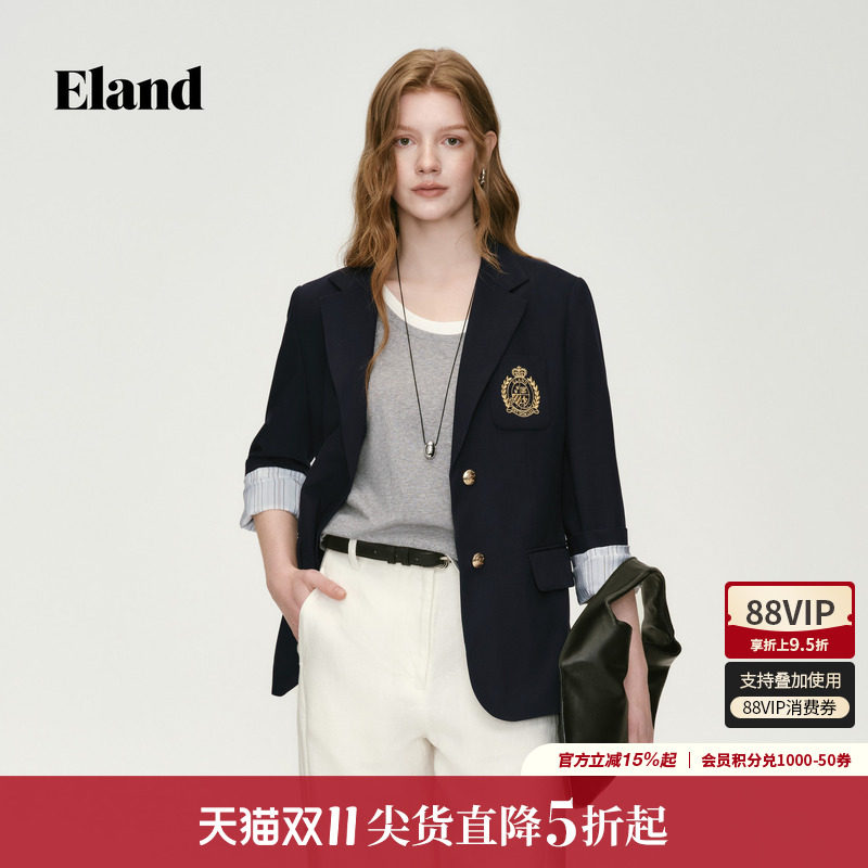 Eland衣恋西装女时尚学院风刺绣徽章修身长袖外套2026夏季