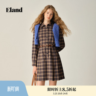新款 格纹裙冬季 式 Eland衣恋连衣裙女收腰翻领衬衫