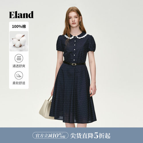 ELAND休闲短袖收腰波点连衣裙