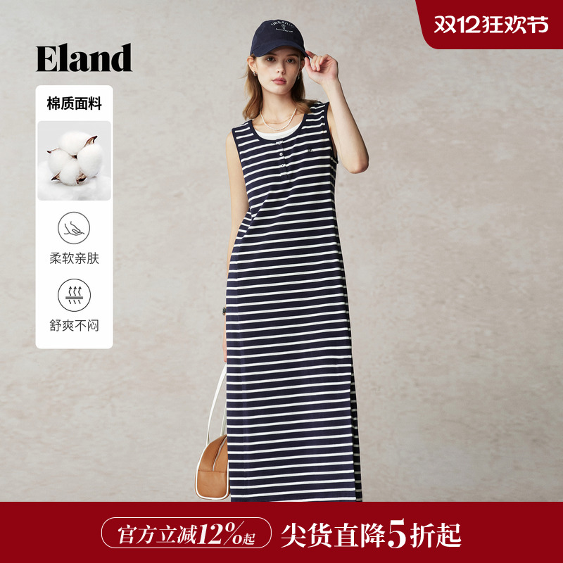 ELAND无袖条纹连衣裙收腰