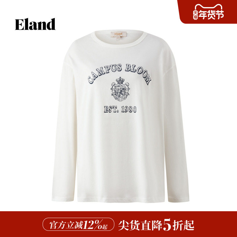 【100%棉】Eland衣恋T恤女时尚休闲圆领长袖上衣2026春夏新款,女装/女士精品,T恤,淘宝优惠券,粉丝福利购,淘宝优惠卷