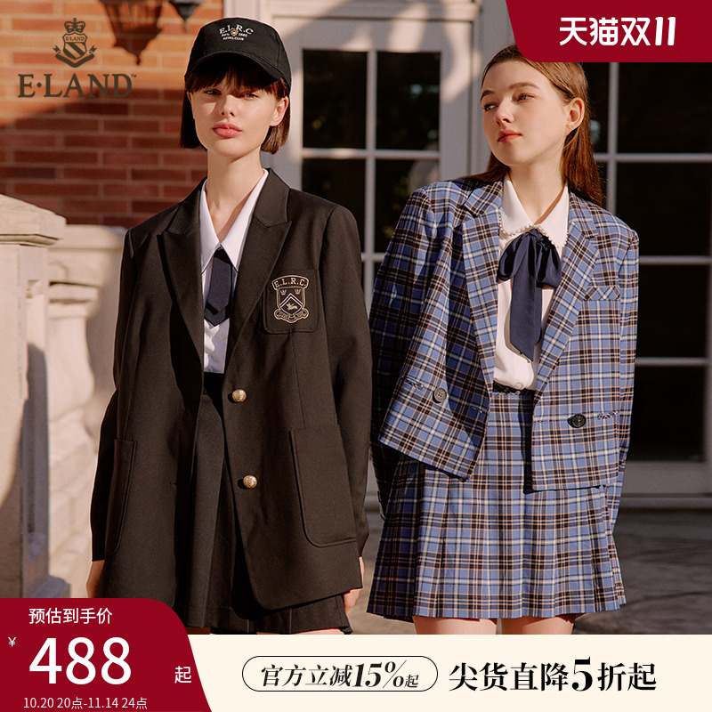 Eland衣恋学院风深蓝格子休闲短款西装外套女通勤上衣春夏款