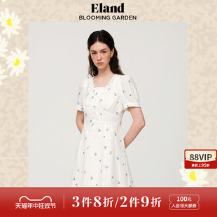 裙子女 刺绣腰部拼接设计甜美风白色短袖 款 Eland衣恋夏季