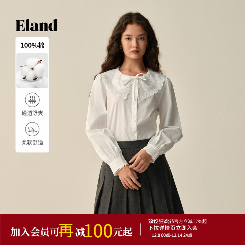 ELAND衬衫荷叶领长袖纯色